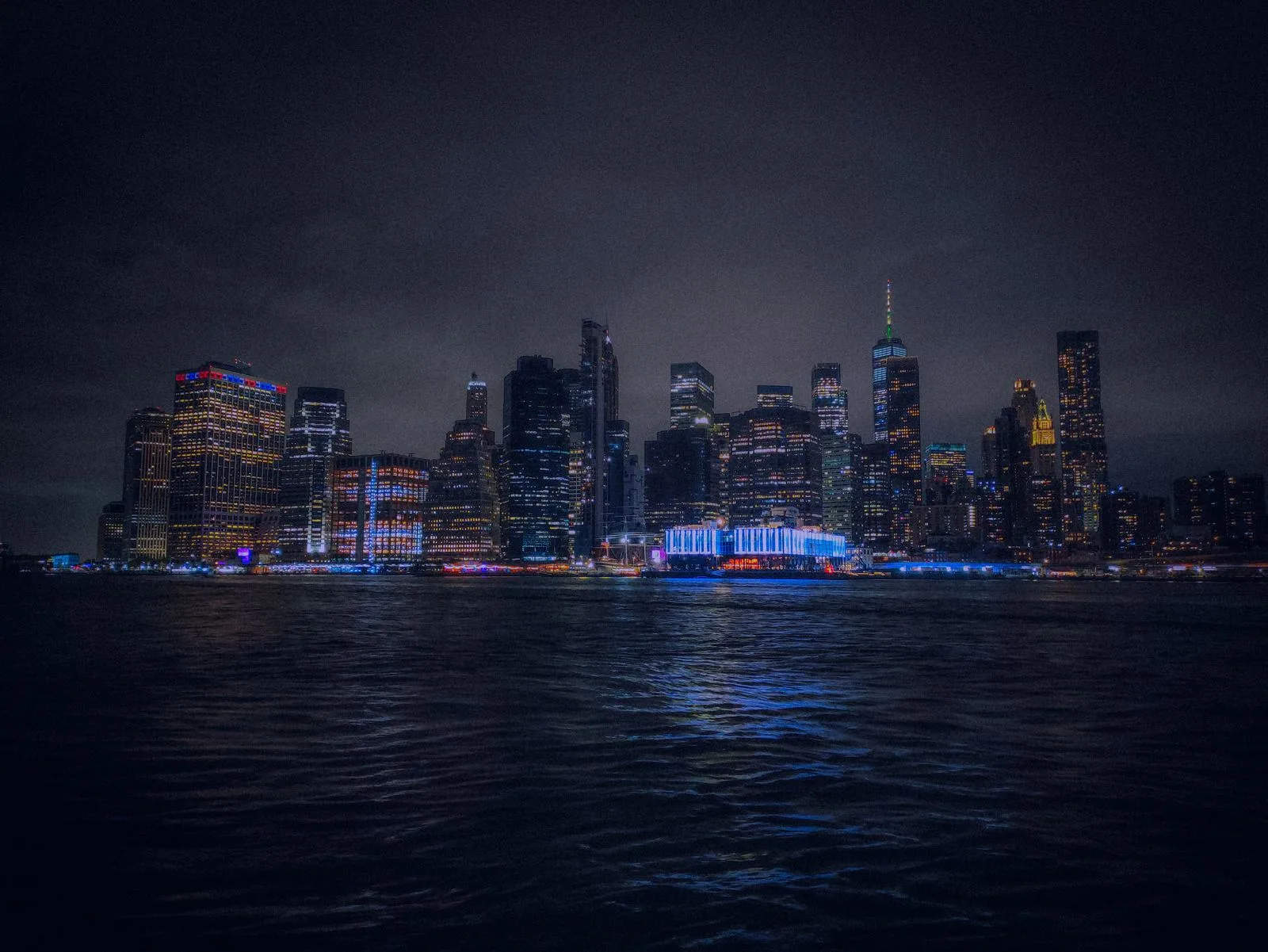 A city skyline at night