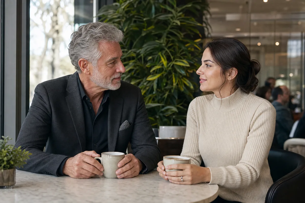 A distinguished older man and a younger woman in an honest, thoughtful conversation across a sunlit cafe table — genuine connection between equals.