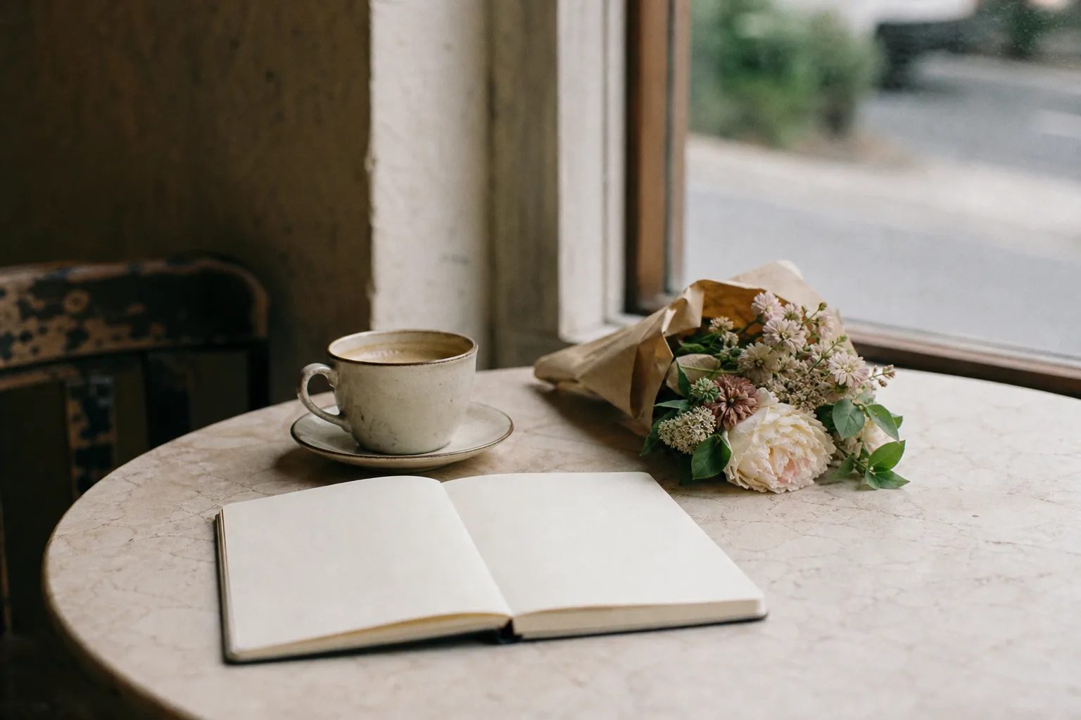 An elegant table set for coffee beside a notebook and flowers in a bright modern café, with no people or branding