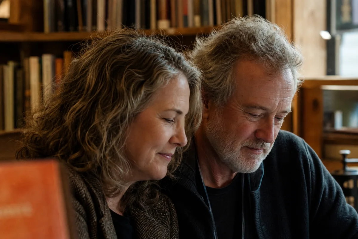 A mature couple in their 50s and 60s sharing a quiet moment in a tasteful bookstore café