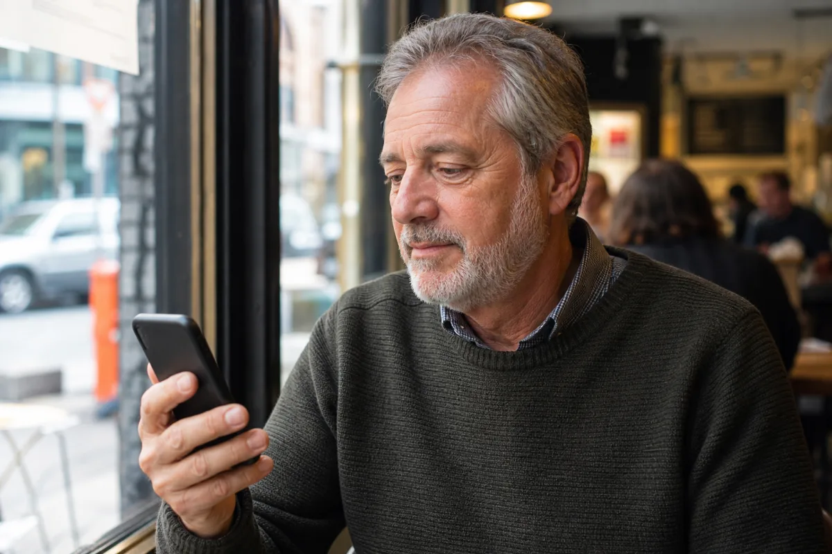 An older man in his 60s checking his phone alertly in a public café while dating safely